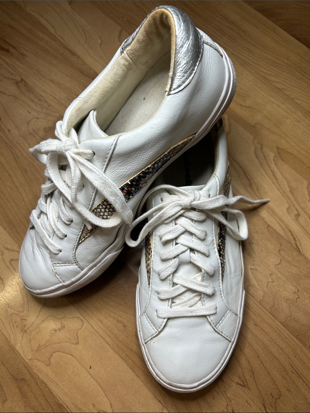 Madewell White Leather Sneakers with Silver Heel and Snakeskin Accent